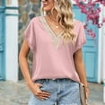 thumbnail image 7 of JWZUY Short Sleeve Shirt for Women Loose Satin Top Guipure Lace V Neck Silk Blouse Pink M, 7 of 7
