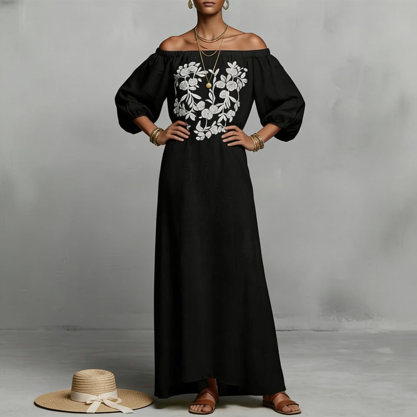 Off The Shoulder Dress for Women Floral Embroidered Puff 3/4 Sleeve Boho Maxi Dresses Casual Loose Fit Long Dress