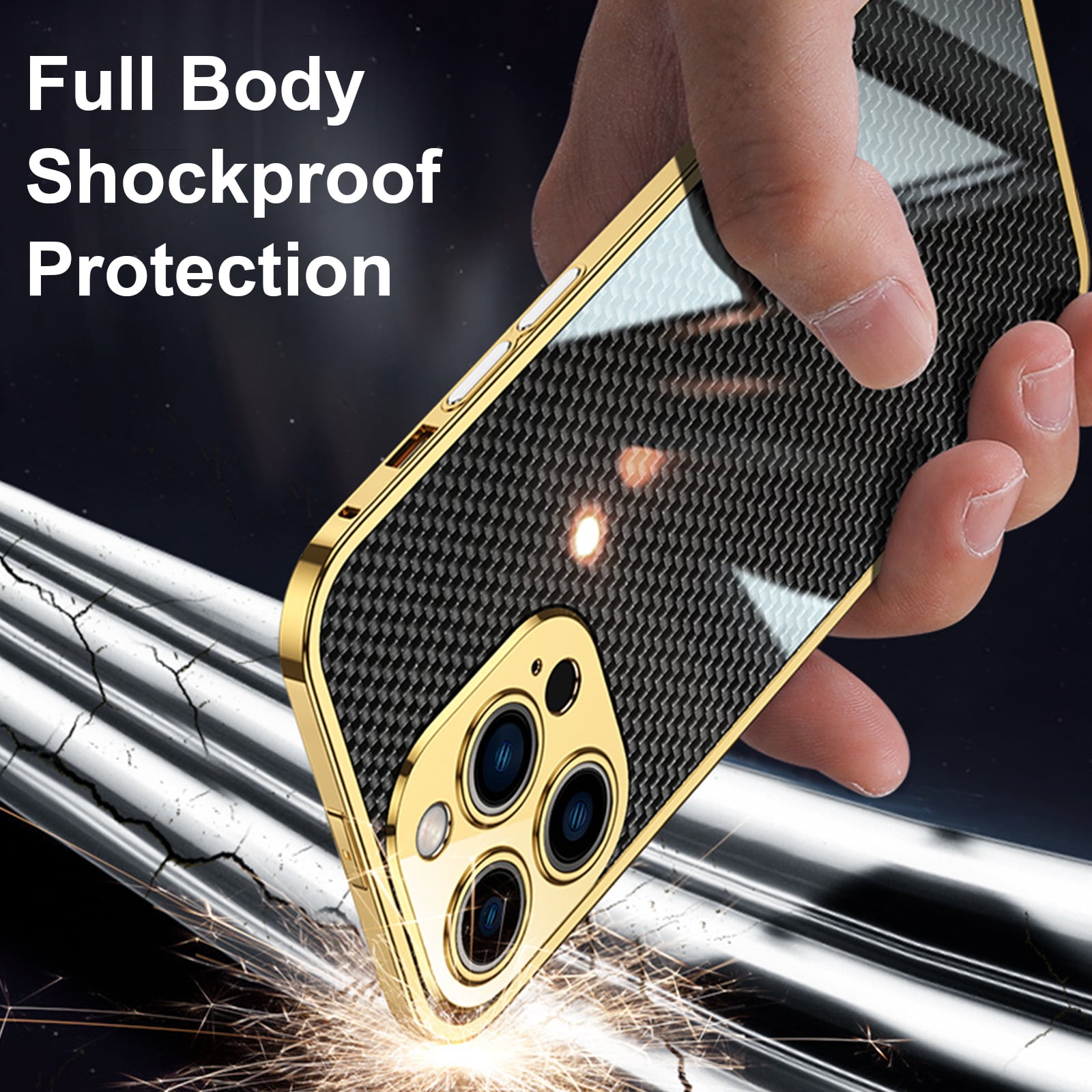 ELEHOLD Luxury Heavy Duty Case for iPhone 14 Pro Max 6.7 Slim Thin Case Stainless Steel Frame Carbon Fiber Back Design All-inclusive Lens Protection Shockproof Case,Silver