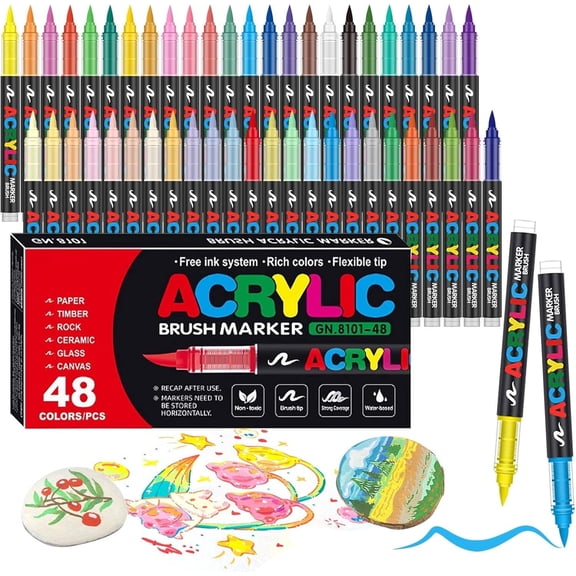 48 Color Acrylic Paint Markers Brush Tip, Panbear Vivid Colors with Direct-Liquid Ink Control System, Professional-Grade Paint Pen for Rock Painting, Canvas, Glass, Plastic, Fabric Creative Crafts