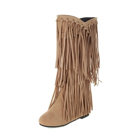 

SEMIMAY Women s Plus Size Winter Heel Fringe Boots Inside Booster Mid Length Boots Beige