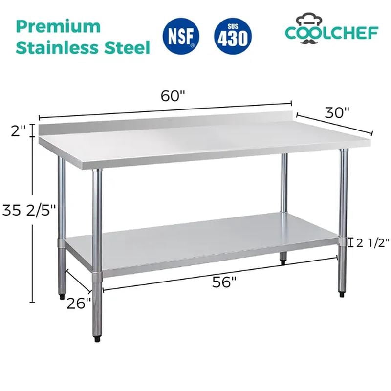 18-Gauge Stainless Steel Commercial Work Table with Backsplash and Undershelf