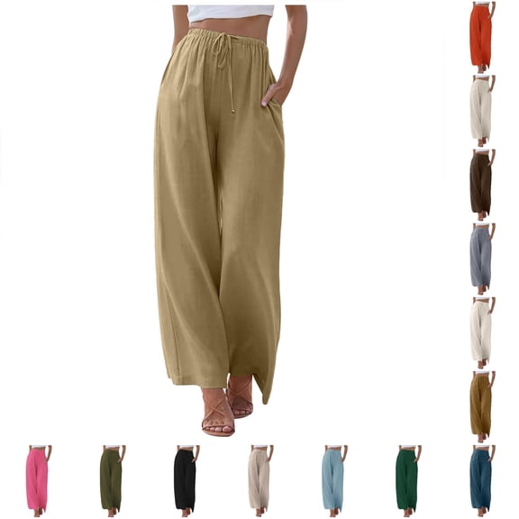 DHFJKG Linen Pants Women High Waisted Wide Leg Palazzo Casual Summer Drawstring Beach Pants With Pockets Stylish Trousers