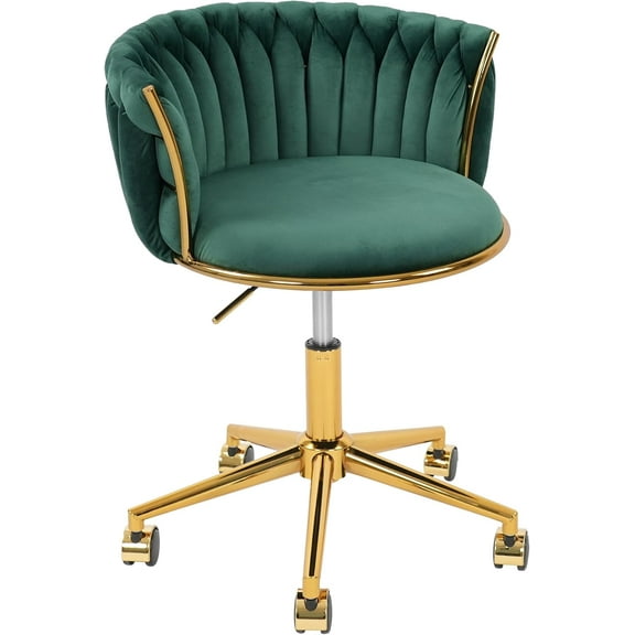 Velvet Woven Home Office Chair, Modern Swivel Desk Chair with Wheels, Height Adjustable Vanity Chair with Gold Metal Base and Hand Weaving Back for Bedroom Study Small Space, Green