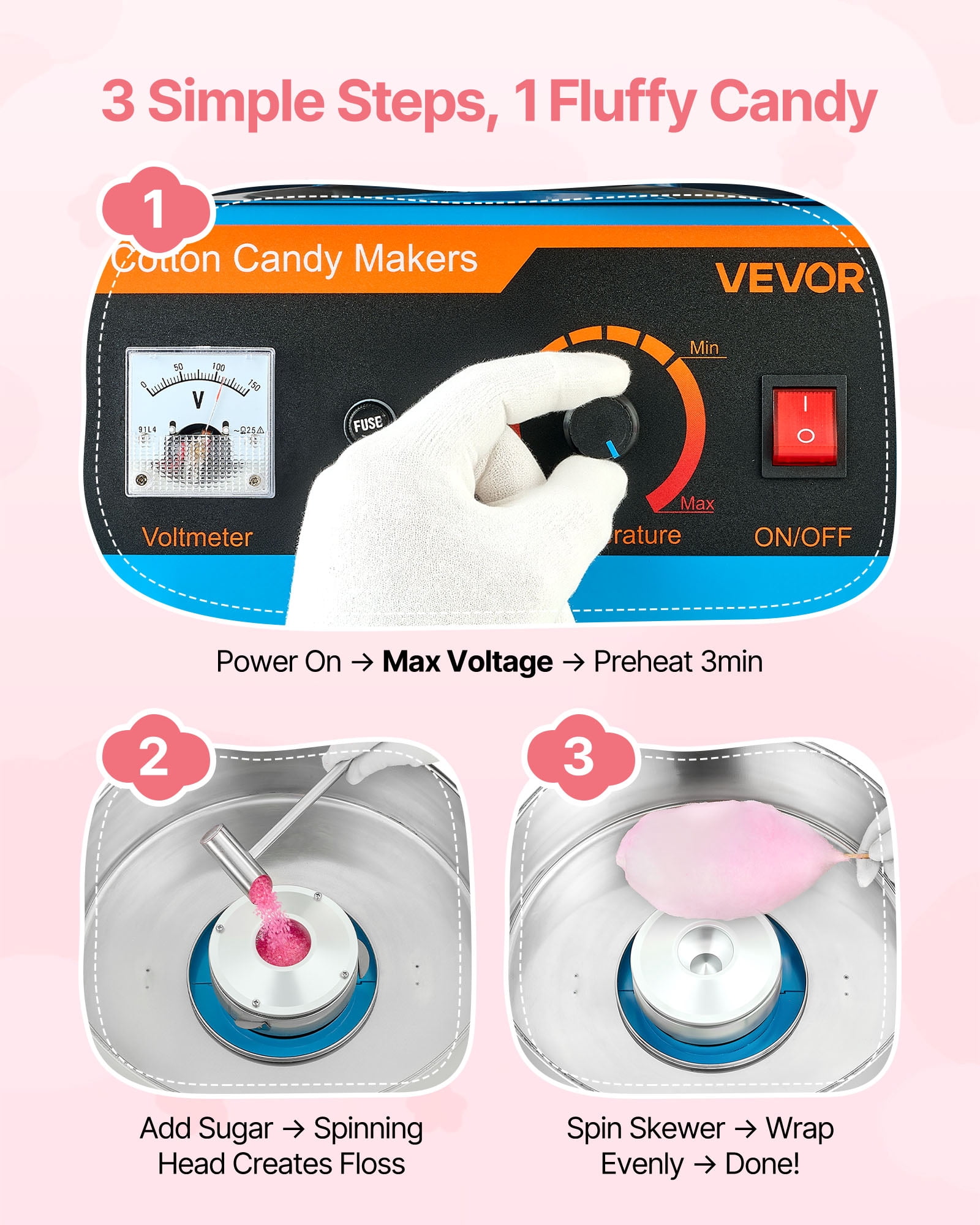 VEVOR Cotton Candy Machine Commercial, 1000W Electric Candy Floss Maker, Easy Use with 15 inch Stainless Steel Bowl and Sugar Scoop, Makes Hard Candy for Home Kids Birthday, Family Party, Blue
