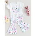 thumbnail image 2 of Bslissey Toddler Baby Girls Easter Pants Sets Bunny Floral Print Short Sleeve Tassel Hem T-shirt + Flared Pants + Headband 9M-4T Kids Casual Summer 3Pcs Outfits, 2 of 9
