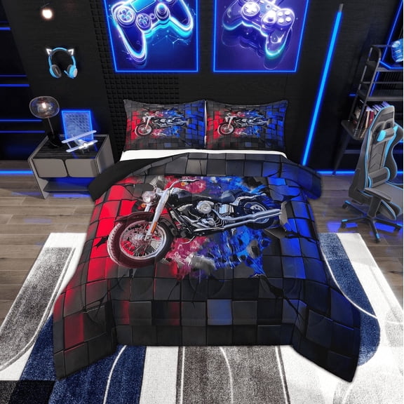 Erosebridal Black Dirt Bike Bedding Twin Comforter Set,Geometric Plaid Down Comforter,Extreme Sports Bedding Sets Twin with Comforter,Microfiber Buffalo Room Decor,Reversible,2-Piece