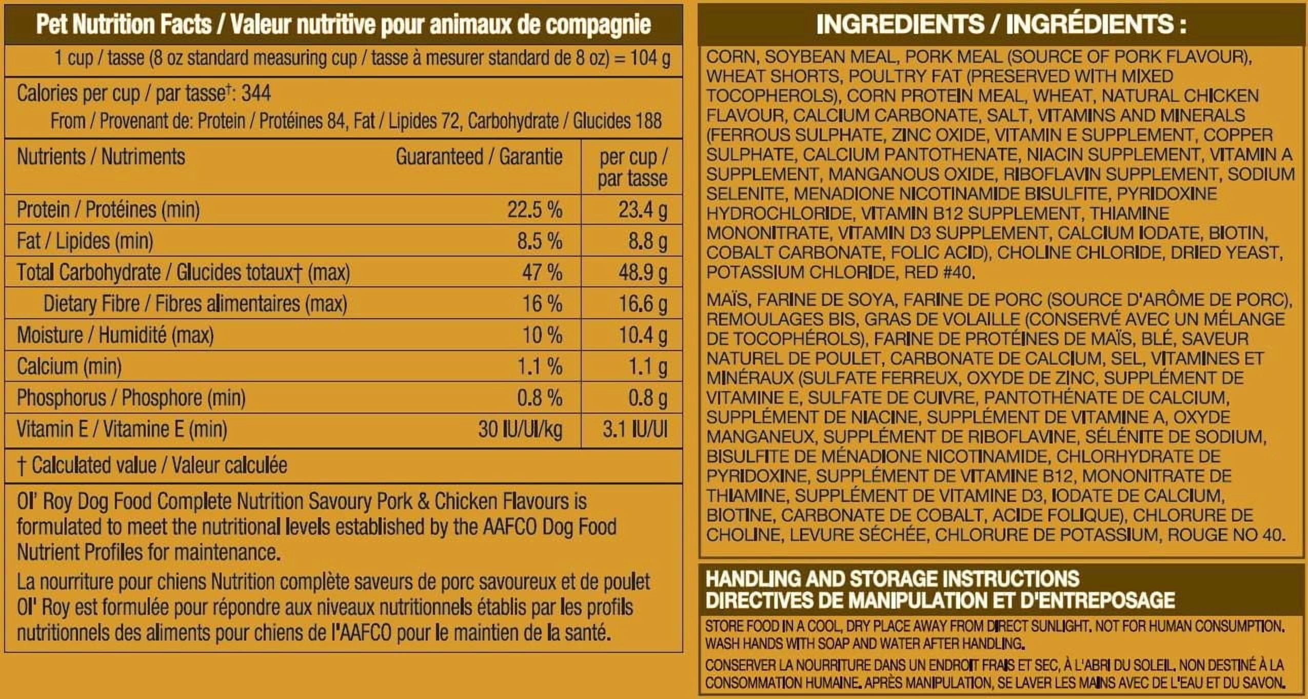 Ol'Roy Complète Nutrition Saveurs salées de porc et de poulet Nourriture sèche pour chiens 18kg - Alimentation complète et équilibrée à 100 % pour les chiens adultes de toutes races 18 kg