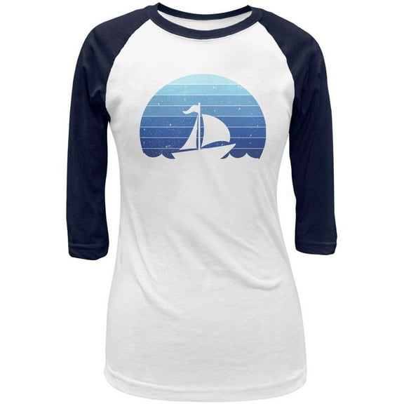 Marina Ocean Sail Boat Silhouette Retro Sunset Blue Juniors 3/4 Raglan T Shirt White-Navy LG