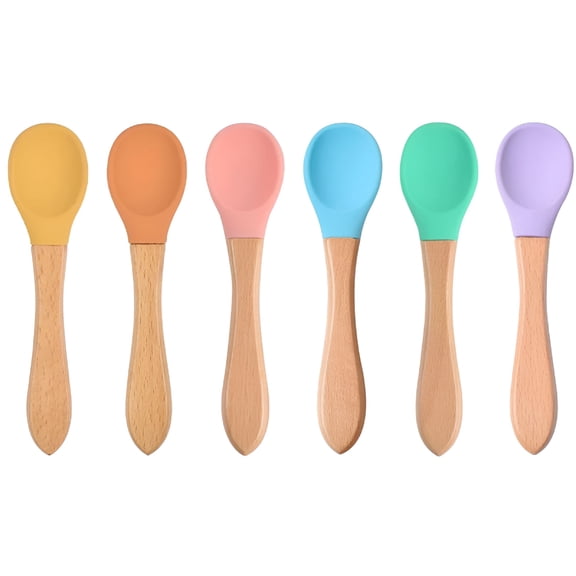 ACDANC Mixing Spoons Baby Spoons Silicone Spoon with Wooden Handle Feeding Spoon Silica Gel Child Baby 14X3.8CM 6 Pcs