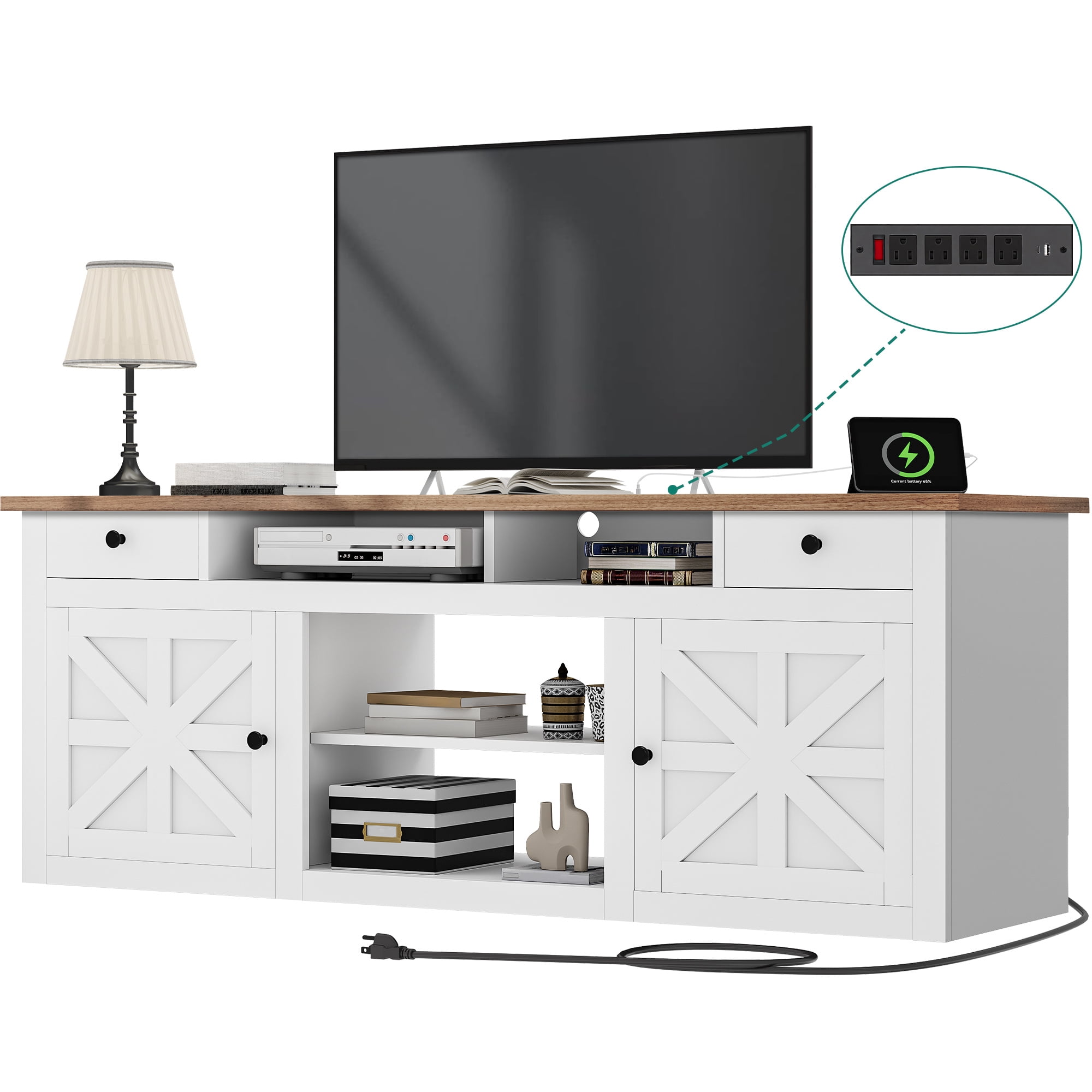 Uforic 70 Inch Modern Farmhouse TV Stand for 75/80 Inch TV with Built-in Power Outlets, 2 Cabinets & Open Compartments for Living Room, White