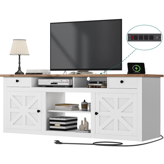 Uforic 70 Inch Modern Farmhouse TV Stand for 75/80 Inch TV with Built-in Power Outlets, 2 Cabinets & Open Compartments for Living Room, White