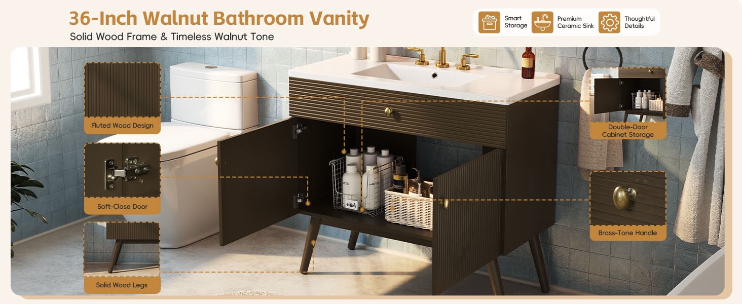Mintazer 36 Inch Fluted Bathroom Vanity with Ceramic Sink, Modern Single Sink Bath Cabinet with Soft Close Storage, Brown