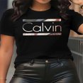 thumbnail image 1 of Women'S Casual Graphic Tee - Black V-Neck Short Sleeve T-Shirt with Logo Print, Cotton, All-Season Wear, Casual Attire|Graphic Print Tee|Knit Construction, 1 of 6