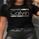 thumbnail image 1 of Women'S Casual Graphic Tee - Black V-Neck Short Sleeve T-Shirt with Logo Print, Cotton, All-Season Wear, Casual Attire|Graphic Print Tee|Knit Construction, 1 of 6