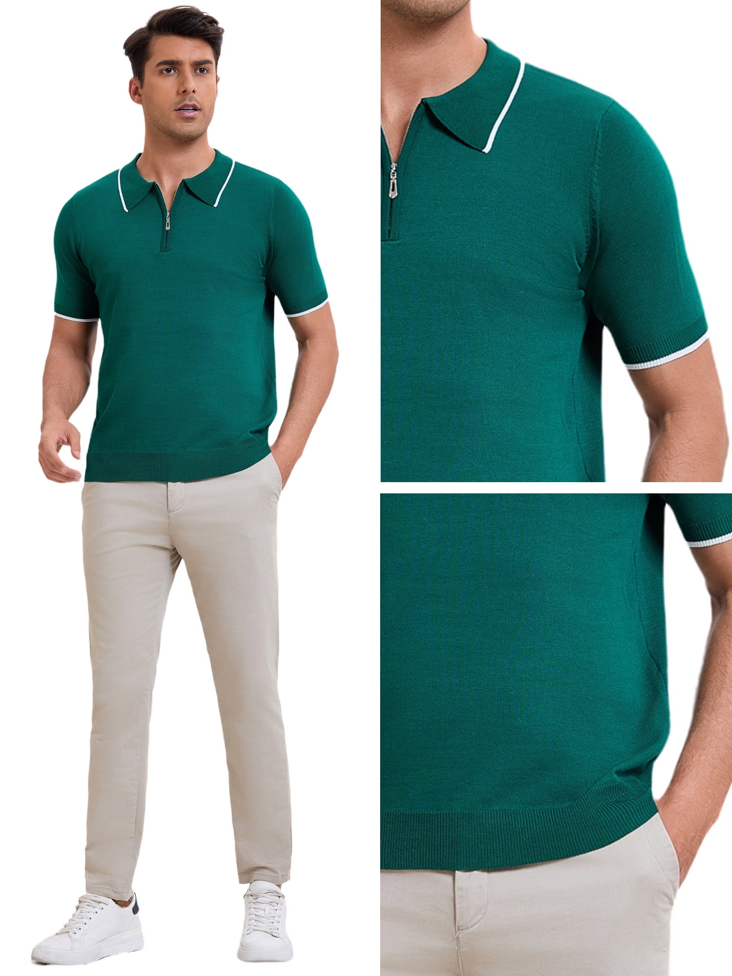 DARING DIVA Men's Formal Short Sleeved Zipper Slim Fit Classic Polo Shirts 2XL Green