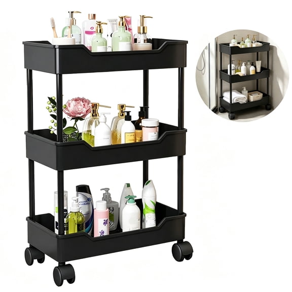 3-Tier Rolling Utility Cart, Plastic Movable Storage Organizer Cart with Wheels for Bathroom Kitchen Bedroom, Black Multi-Tier Trolley on Wheels (24.4x15.7x7.9")