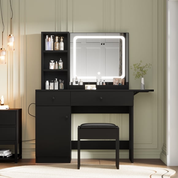 Kojooin Vanity Desk with Mirror and Light, Makeup Vanity with Charging Station, Storage Cabinet, 2 Drawers, 3 Shelves and 3 Light Modes