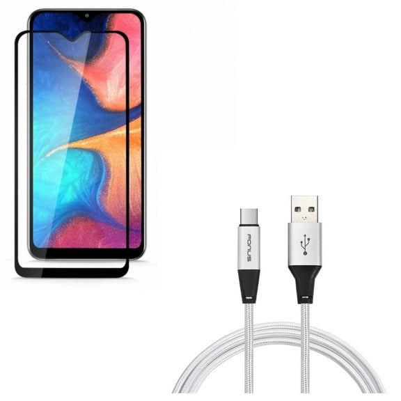 Galaxy A50/A20 Type-C 6ft USB Cable w Anti-Glare Screen Protector - Charger Cord Power Wire, Tempered Glass Matte Anti-Fingerprint for Samsung Galaxy A50/A20