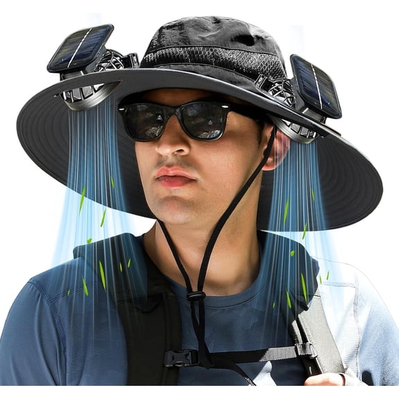 Solar Fan Hat Wide Brim Sun Cooling Hat with 2 Solar Fan, Solar Powered & USB Charging Hat Fishing Hat with Fan for Men