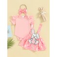 thumbnail image 2 of Bagilaanoe 3Pcs Newborn Easter Outfits Baby Girls Overalls Dress Set Short Sleeve Romper Tops + Embroidery Suspender Skirt + Headband 3M 6M 9M 12M 18M Infant Spring Casual Clothes, 2 of 9