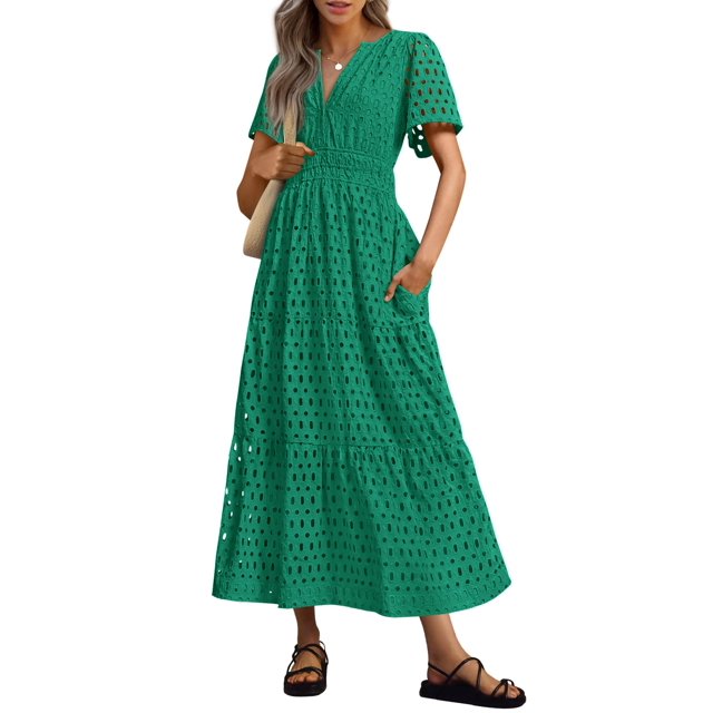 Vestido largo PRETTYGARDEN 2025 para mujer con cuello en V y manga corta