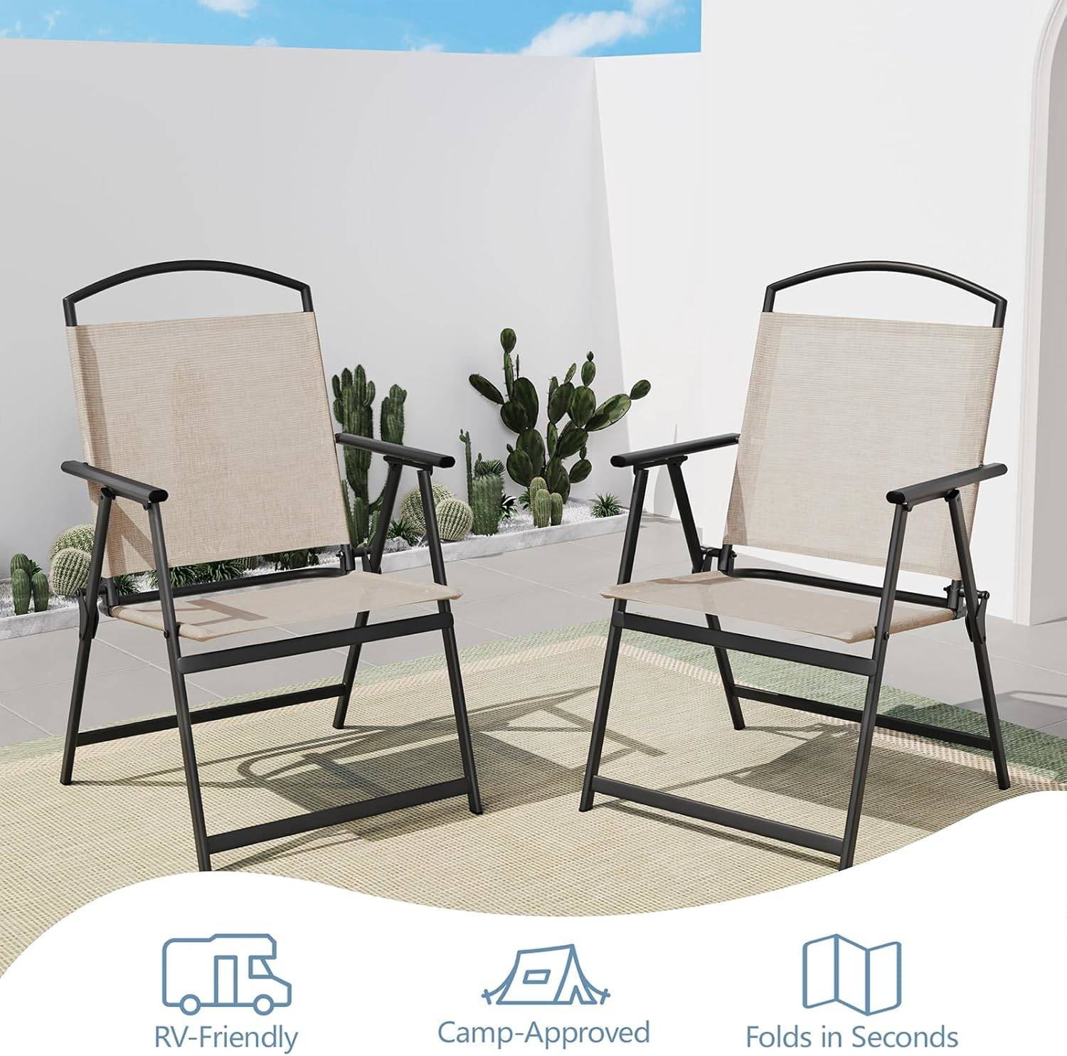 Folding Patio Chairs Set of 2, Outdoor Dining Chairs with Armrests, Breathable Textilene & Steel Frame for Lawn, Garden, Yard or Poolside - Beige