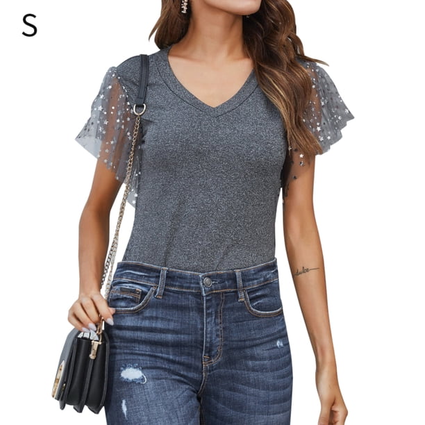 Camiseta de mujer Verano Cuello en V Gasa Lentejuelas Manga corta Camiseta casual, Gris, S Scienceny AP001323-01