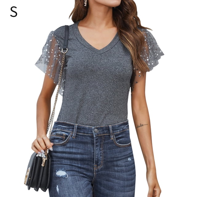 Camiseta de mujer Verano Cuello en V Gasa Lentejuelas Manga corta Camiseta casual, Gris, S Speravity AP001323-01