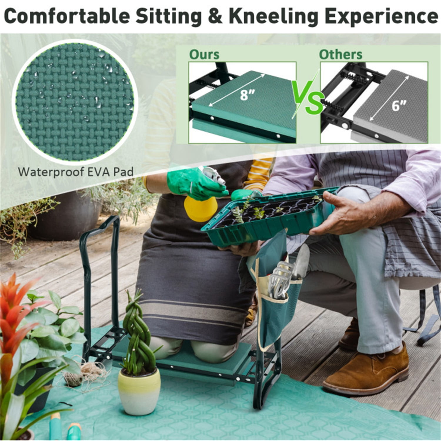 Green 2-in-1 Garden Folding Stool Kneeler, 300LBS Capacity & Built-in Tool Pouch, Comfortable EVA Seat​