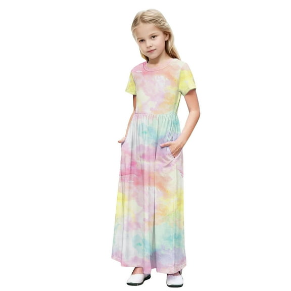 JoyHoop Girl'S Short Sleeve Floral Print Loose Casual Long Maxi Dress with Pockets 4-14 Years