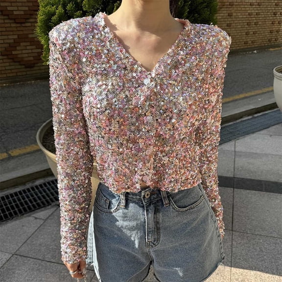 Plus Size Women's V-Neck Long Sleeve Sequin Decorative Fashion Crop Top with Buttons