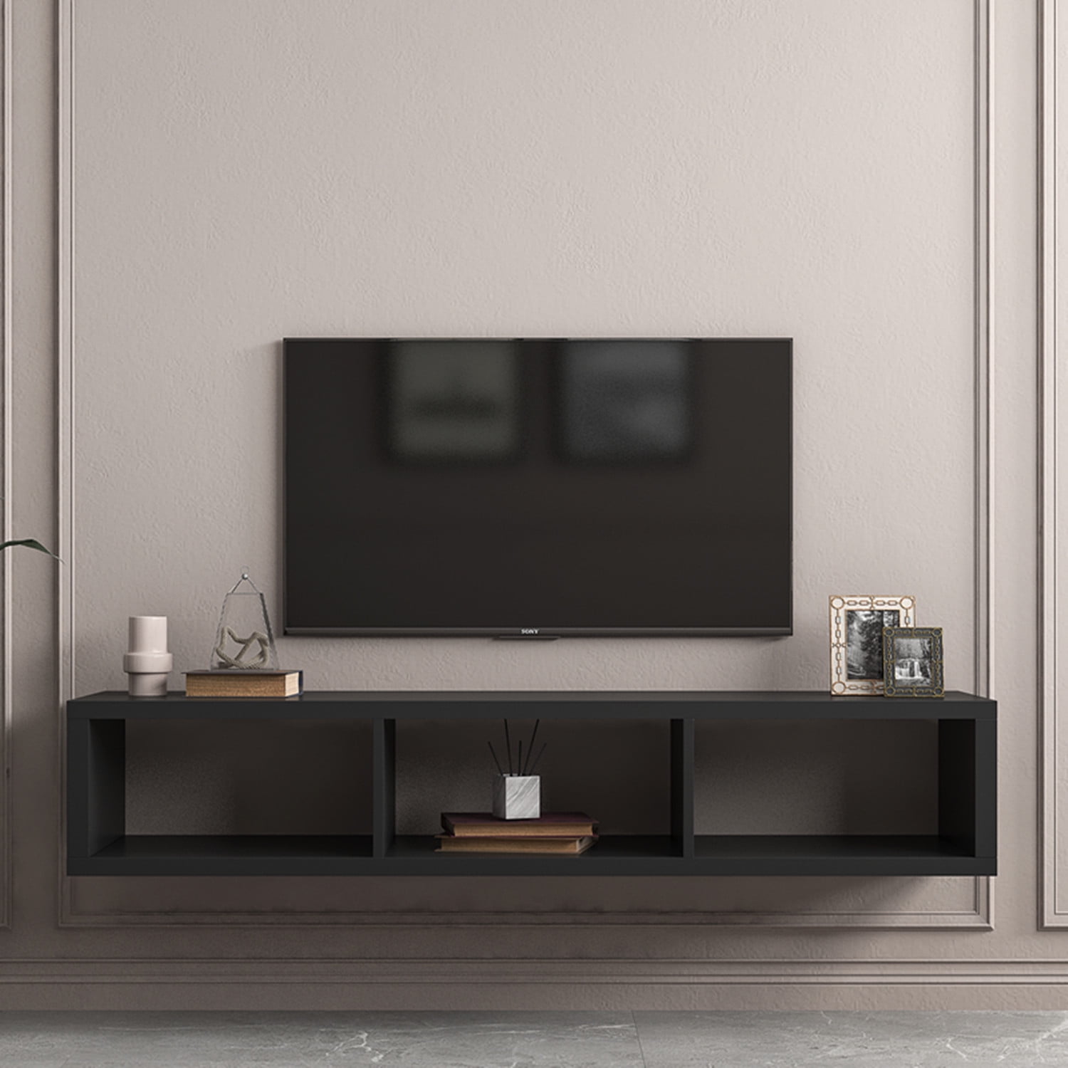 Shallow Floating TV Console, Wall Mounted Floating TV Stand with 3 Open Compartments 60 Entertainment Storage Shelf Media Console Table Modern TV Cabinet for Living Room, Walnut - Walmart.com