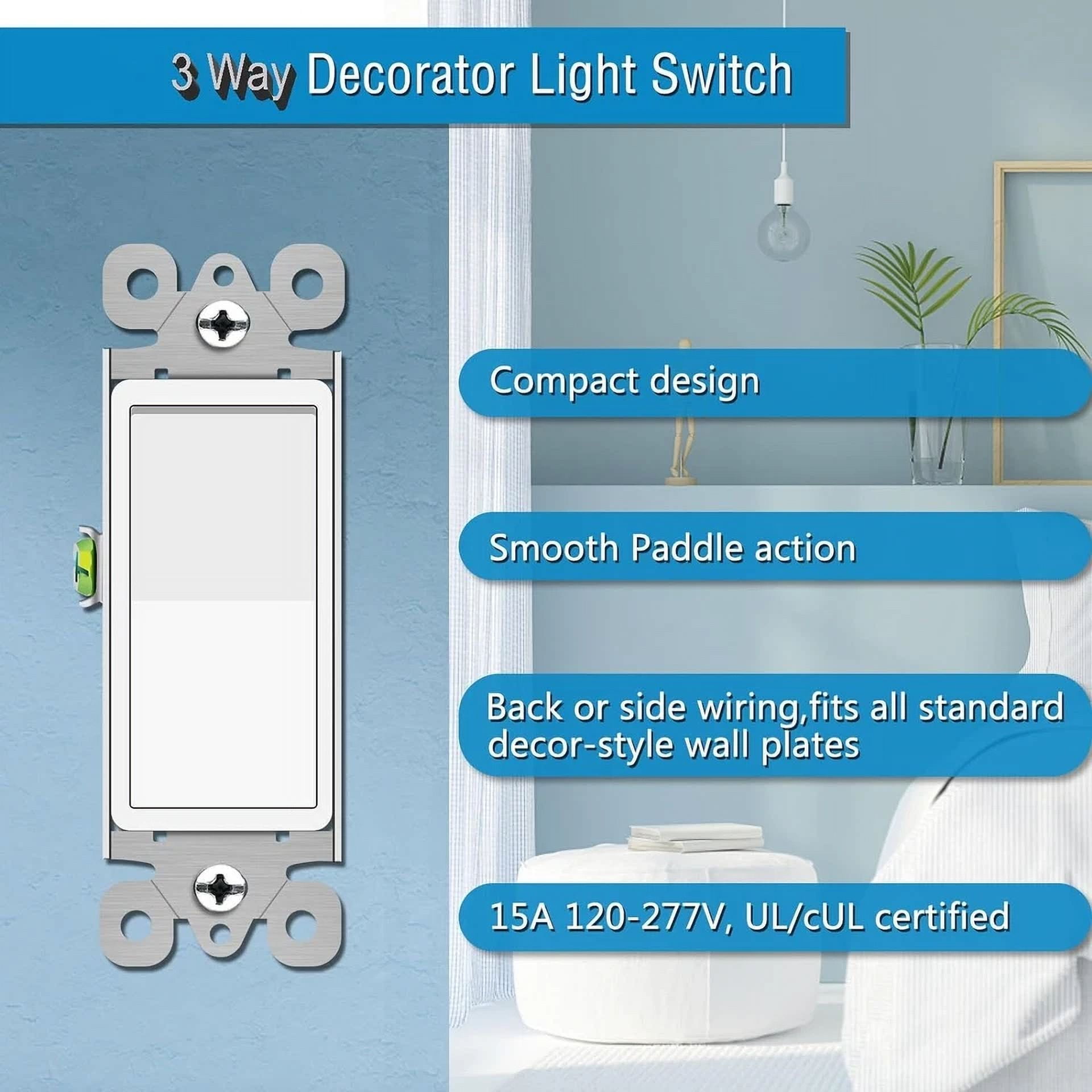 4Pk 3Way Wall Light Switch On/Off Rocker Paddle Switch 15A Commercial Grade,Home