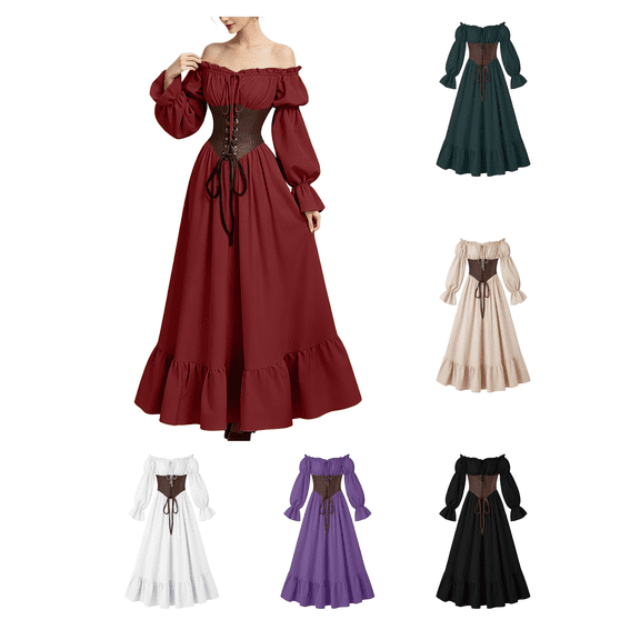 Busydd Renaissance Corset Dresses for Women Off Shoulder Puff Sleeve Medieval Costume Solid Color Long Sleeve Halloween Party Dress S