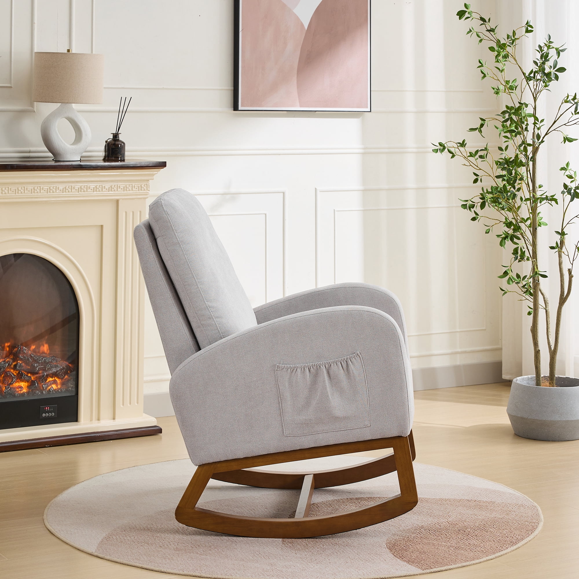 27.2"W Rocking Chair for Nursery, Polyester Glider Chair with High Back and Side Pocket, Rocking Accent Armchair with Rubber Wood Legs for Living Room/Bedroom.Light Gray