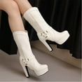 thumbnail image 2 of White Womens Belt Buckle Boots With Solid Color And Platform Heel Mid Calf High Heel For Chic And Comfortable Wear, 2 of 9