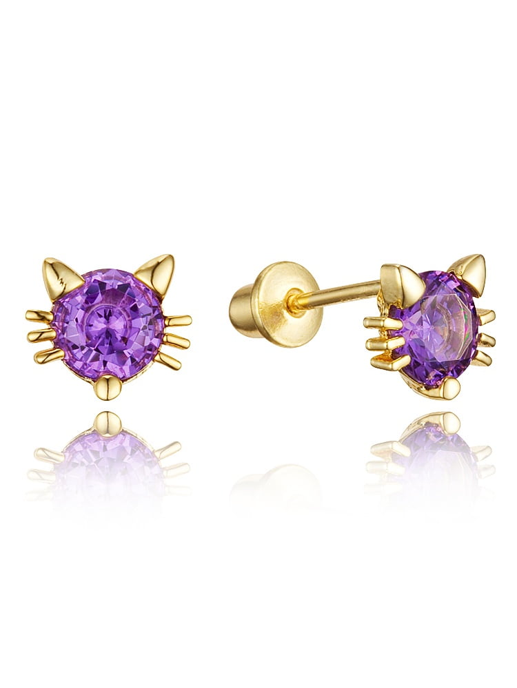 14k Gold Plated Brass Cat Purple Cubic Zirconia Screwback Girls Earrings with Sterling Silver Post