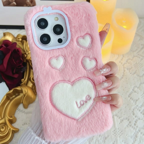 Dteck for iPhone 15 Pro Max Fur Case for Girls, Luxury Cute Warm Handmade Furry Fuzzy Fluffy Soft LOVE Fur Plush Protective Case Cover for Women,Pink-Big Love