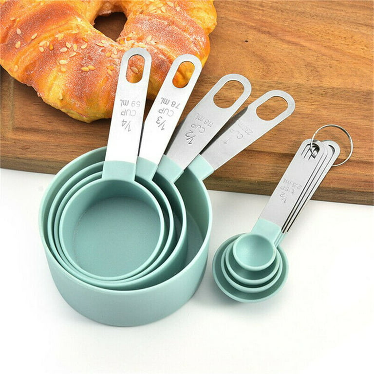 Yannee Measuring Cups Spoons,Measure Cups with Stainless Steel  Handle,Plastic Measuring-cup and Spoon Set for Kitchen Baking  Cooking,Baking,Spice Jar, 8 Pcs,Green 