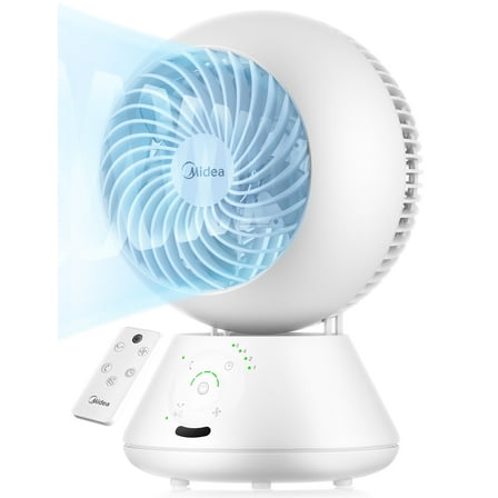 Midea 6" Table Fan, 5 Speed, 85° Auto Oscillation, Remote, Quiet, White