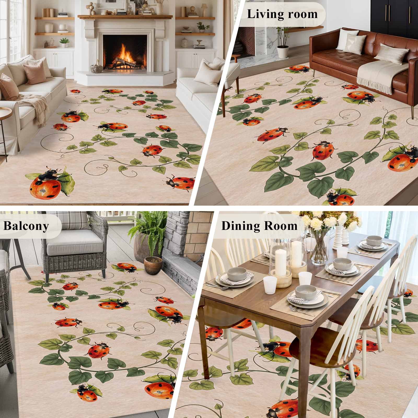 Ladybugs Eucalyptus Leaves Area Rugs 5'x7', Washable Small Throw Rugs for Laundry Room Playroom, Spring Botanical Vintage Indoor Outdoor Rug Non-Slip Low Pile Carpet Runner Reversible Floor Mats