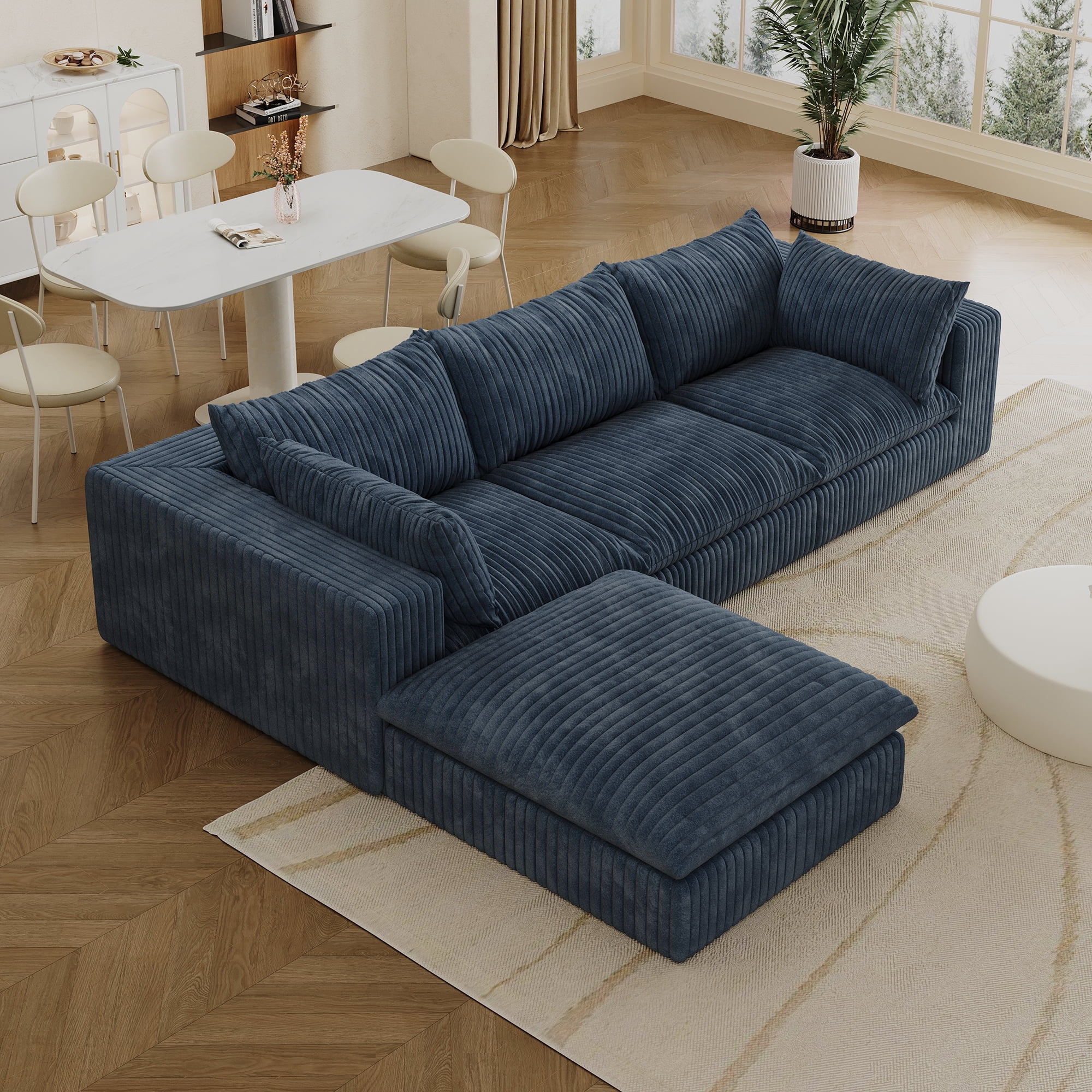 MAYEERTY 118.2" Cloud Sofa Blue Corduroy Deep Seat Double-Layer Removable Cushion No Assembly Multi-Rooms