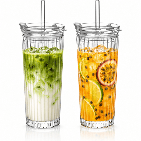 2PCS Ribbed Glass Tumbler with Straw and Lid – 18oz Durable Leak-Proof Drinking Cup for Hot and Cold Beverages – Stylish Design, Ideal for Iced Coffee, Smoothies