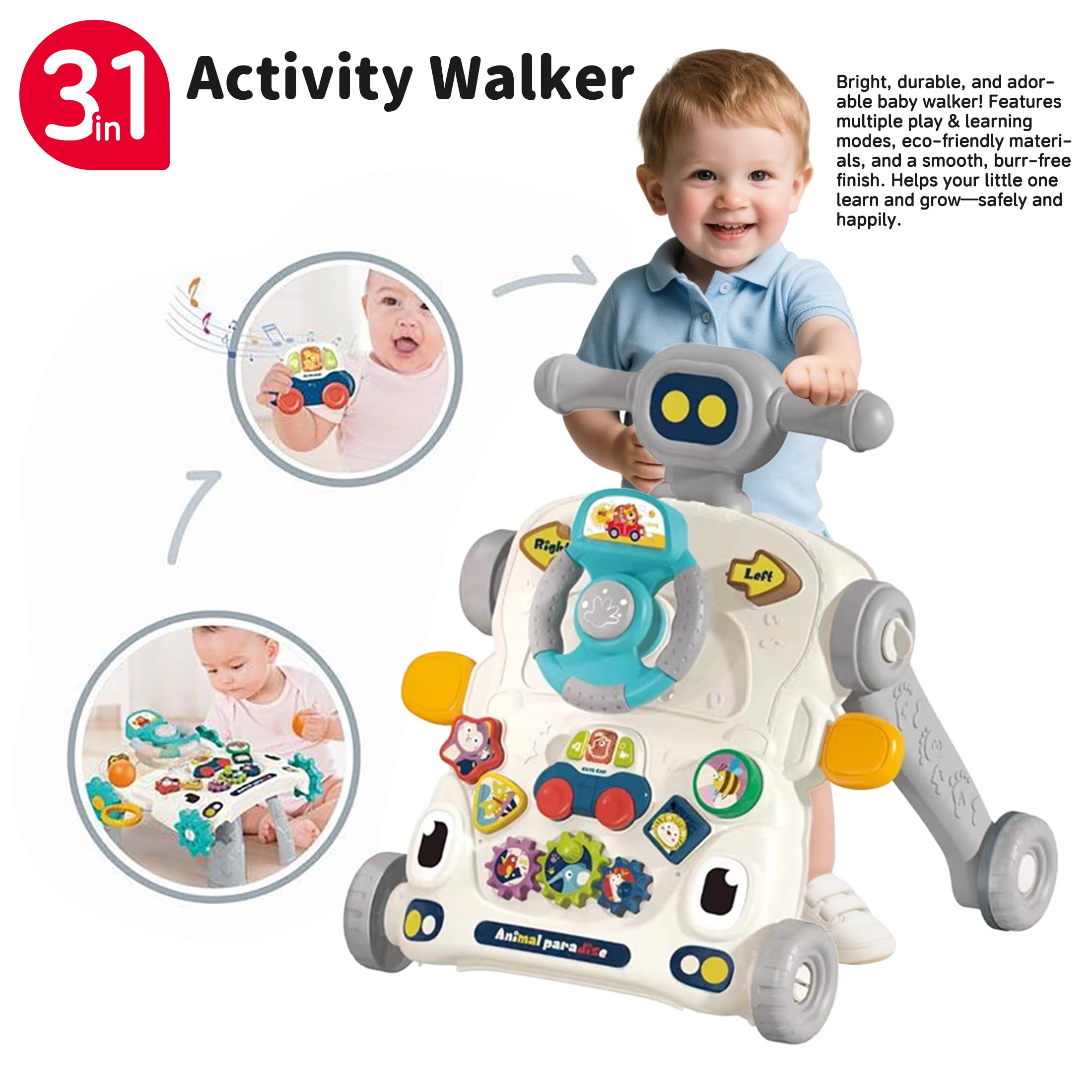KOPPOP Baby Walker, 3-in-1 Activity Center and Learning Walker Sit-to-Stand Toy with Music & Lights, Foldable Push Toy for Infant Toddler 9+ Months, Grey