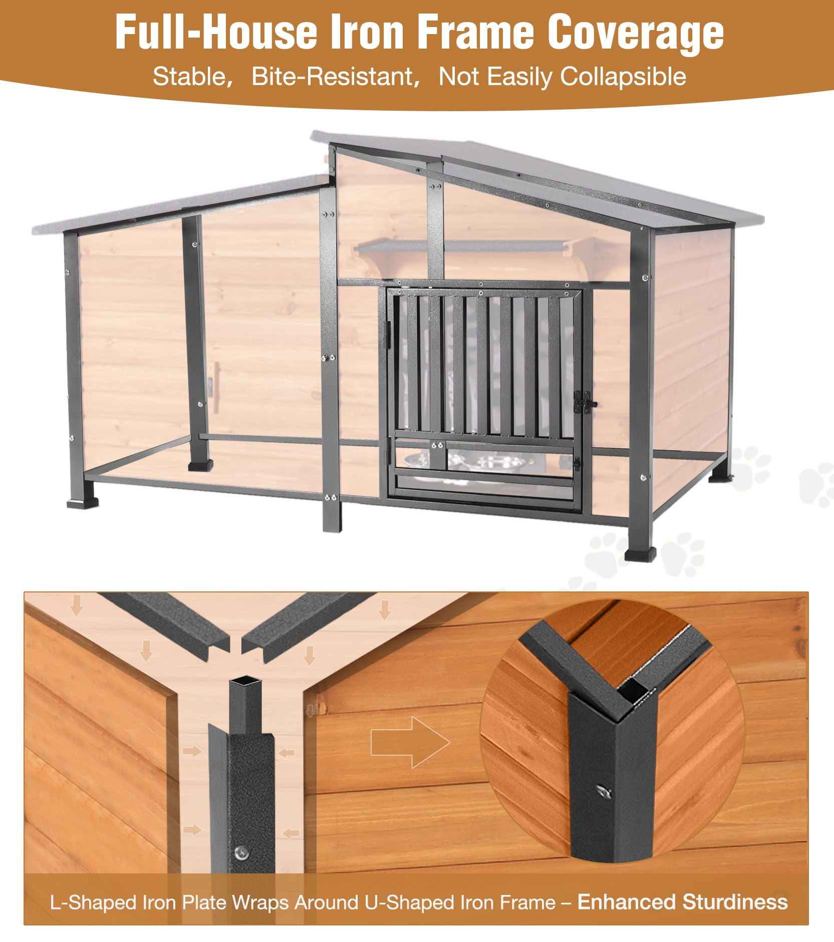 MEDEHOO Extra Large Heated Dog House Outdoor with Chew-Proof Iron Frame, Waterproof Dog Kennel with Smart Heating Pad, 360° Rotating Feeding Bowl, for Large Dog Breeds