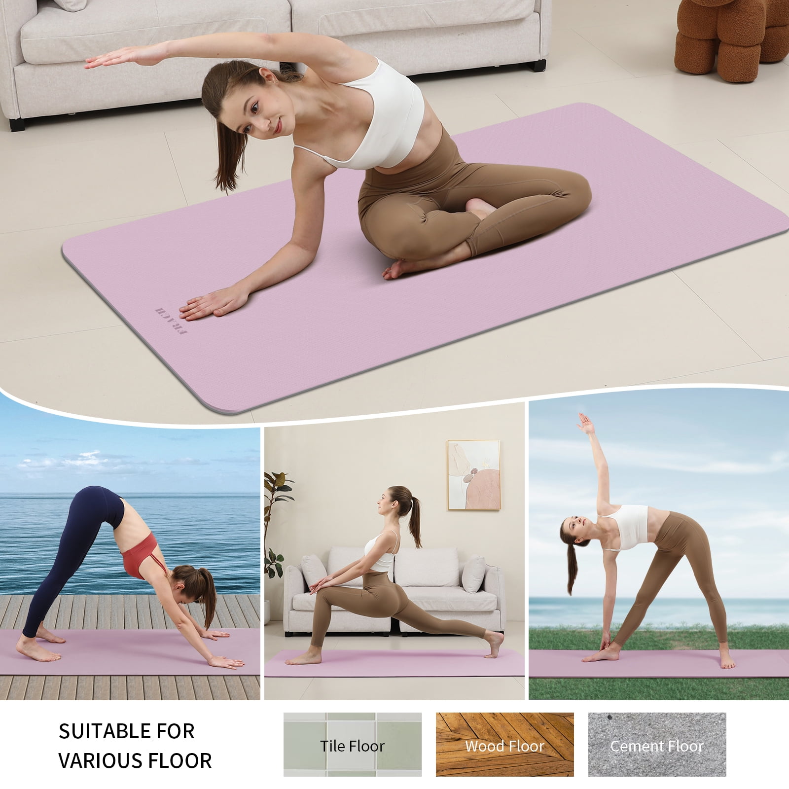 Frach Wide Yoga Mat 28",1/3 Inch Extra Thick Workout Mats,Non-slip Eco-friendly for Outdoor and Indoor,Home and Travel(Purple+Gray)
