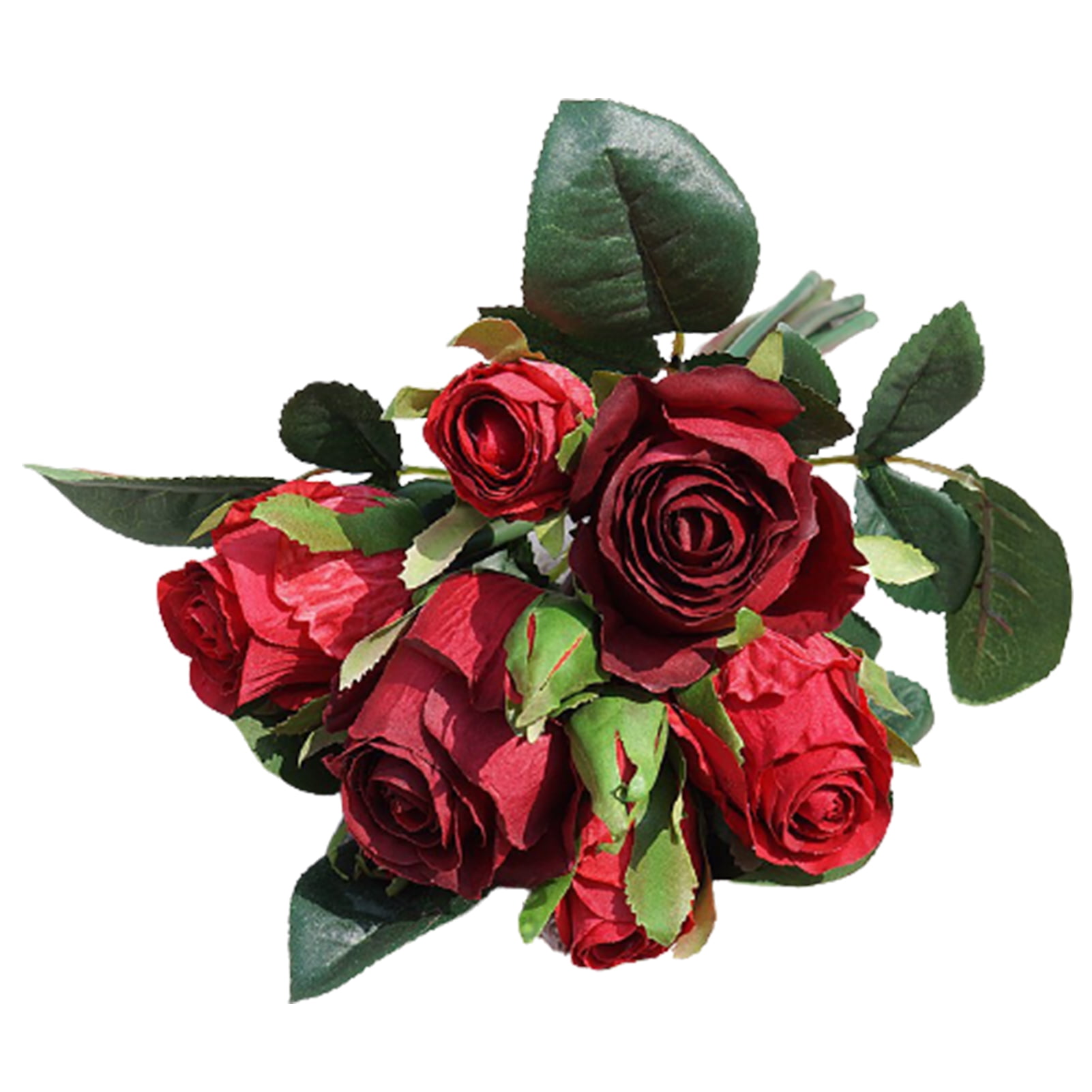Yesbay 9Pcs/Bouquet Faux Flowers Realistic Artificial Rose Fake Silk Flowers,Red