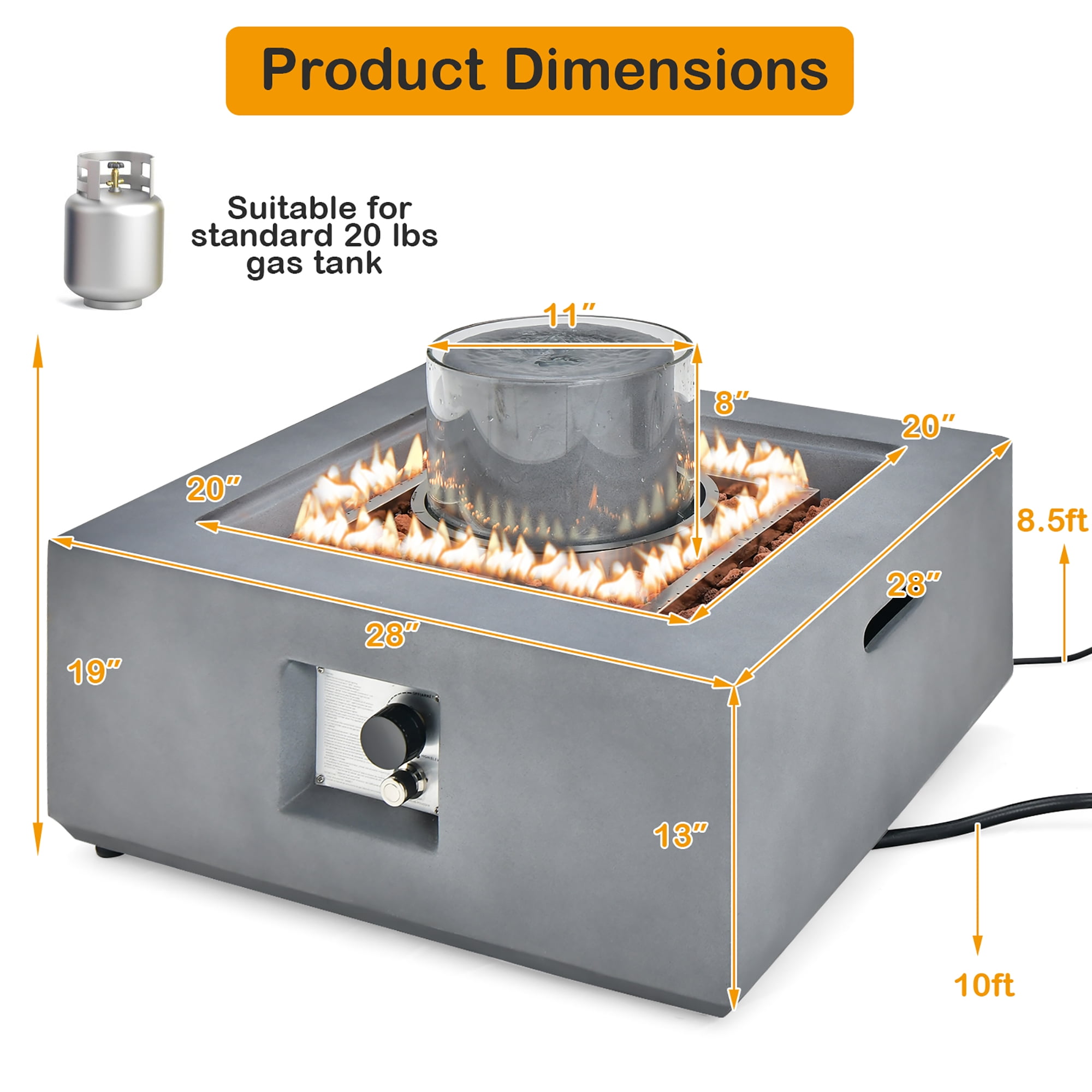 Costway 28'' Patio Fountain Fire Pit Table 50,000 BTU Square Propane Fire Pit withPVC Cover