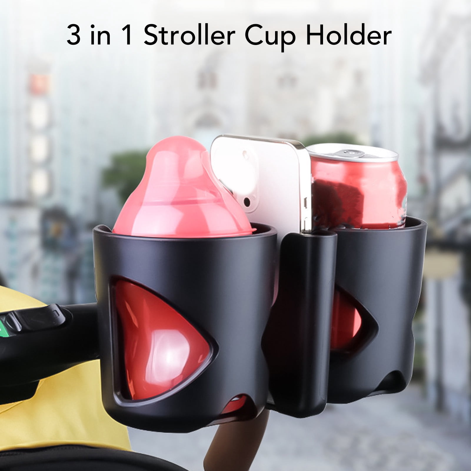 NFTIGB 3 in 1 Universal Stroller Cup Holder with Phone Holder, 360 Degree Rotatable Drink Carrier Organizer for Wheelchair, Walker, Grocery Cart, Black, 8.5 x 4 inches (21.5 x 10.2 cm)